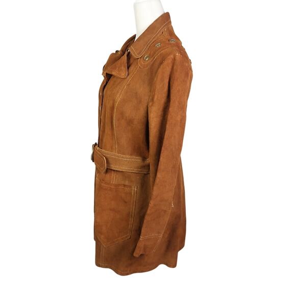 Vintage 70s Brown Suede Leather Studded Western Jacket Belted Boho Coat S - Picture 3 of 5
